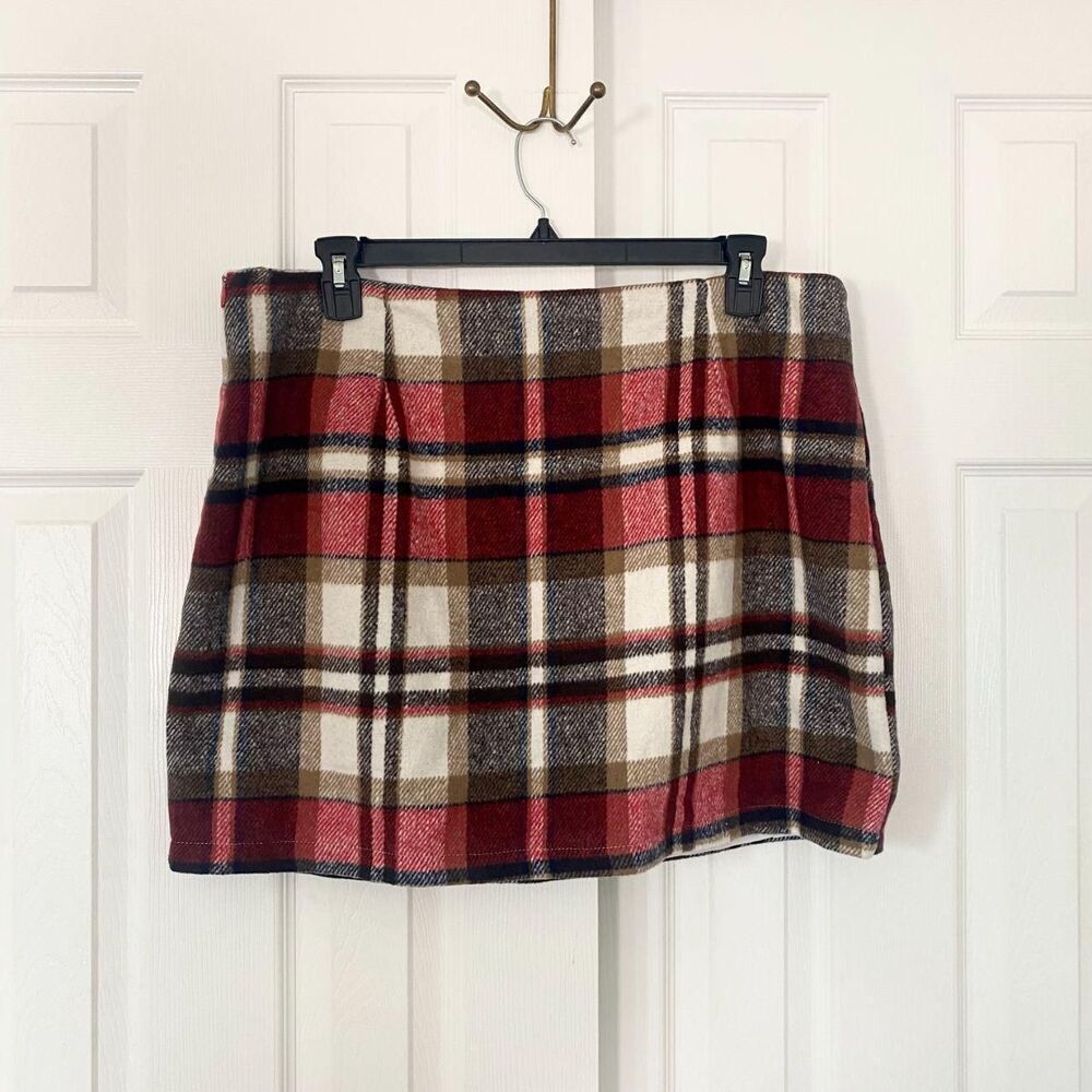 NWT (i) Plus Size 2XL XXL Red Cream Plaid Zipper Fly Tweed Mini Skirt Wool Blend - Picture 2 of 7